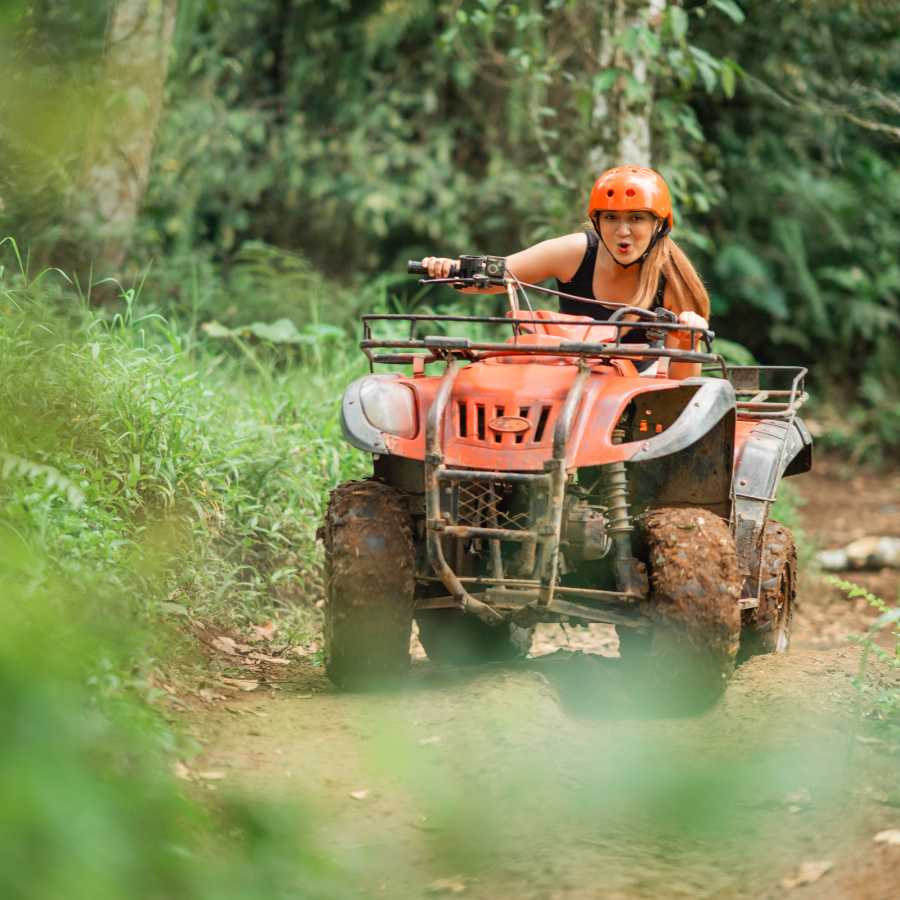 cave river tubing and waterfall with atv